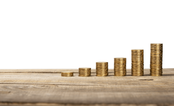 Golden stack money on the old wood table
