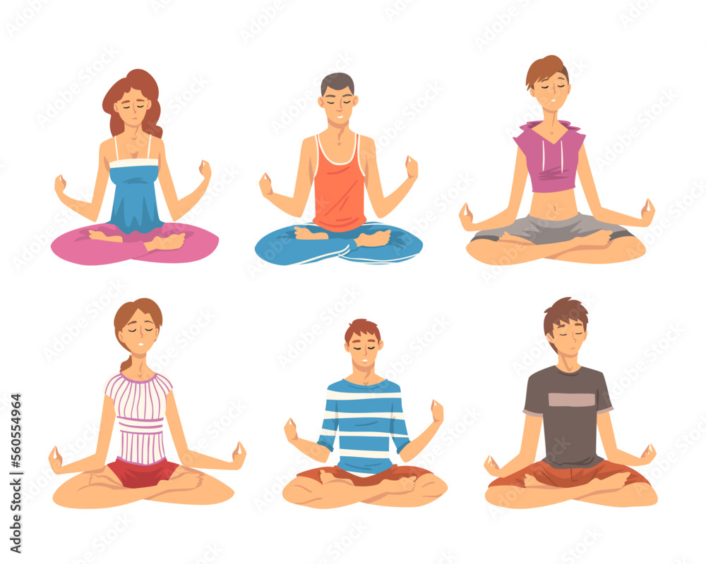 Poster Relaxed people meditating in lotus position set. Young men and women practicing yoga. Meditation and healthy lifestyle concept cartoon vector illustration