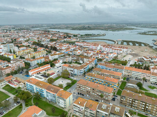 Montijo Cityscape in Portugal. Drone Point of View. River Tagus in Background