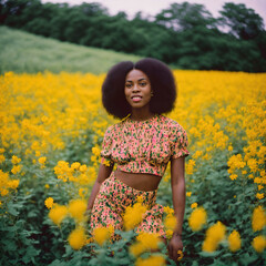 Naklejka na ściany i meble Young african woman in a field of yellow flowers. Generative AI