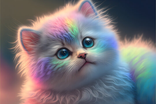 Naklejka cute fluffy rainbow baby cat kitten, smiling, kids pastel color background, dreamy sweet with big eyes, illustration digital generative ai design art style