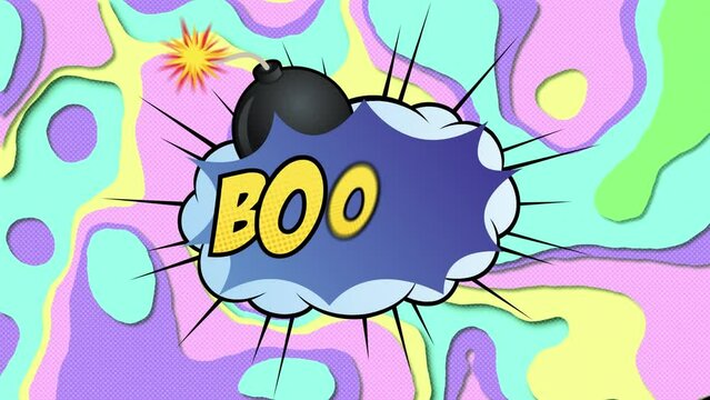 Animation of boom text and fuse bomb over multicolored abstract background