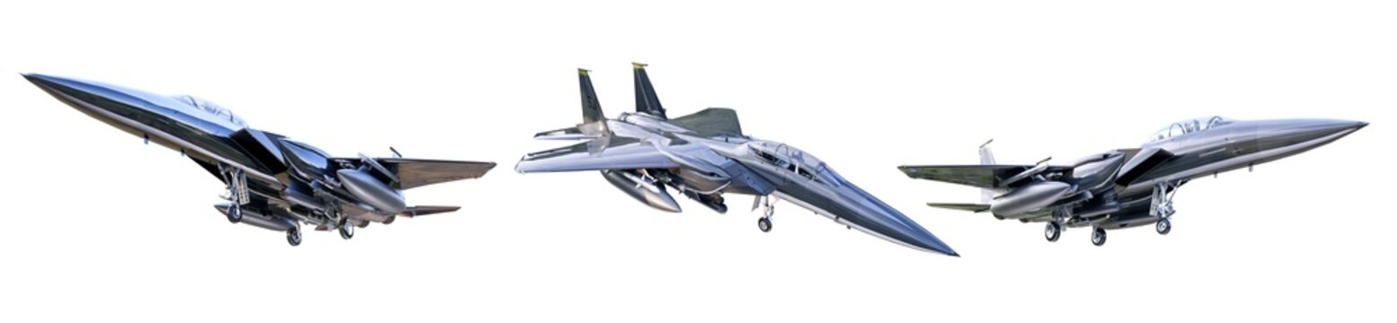United States US Air Force F-15E Strike Eagle bomber jet airplanes set isolated on white, eagle tactical fighter jet f15e with weapons, multi-mission avionics system military aircraft 3D illustration