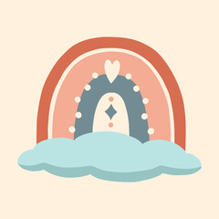 Rainbow in boho style. Children's style. Boho color. 70s style. A rainbow with a heart and cloud. Cute illustration for a print. Illustration for children's design. Valentine's Day. Doodle design.