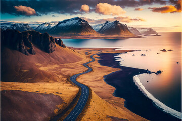 beautiful Icelandic road weaving between mountain, generative ai