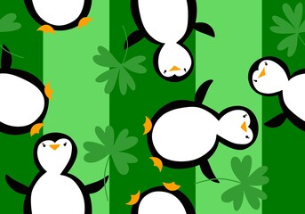 Cartoon animals seamless cute penguin witch clover pattern for kids accessories and fashion clothes print