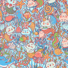 Cute bunnies mermaid seamless pattern, doodle sealife nursery texture