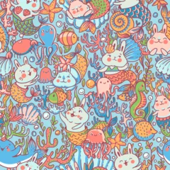 Poster In de zee Cute bunnies mermaid seamless pattern, doodle sealife nursery texture