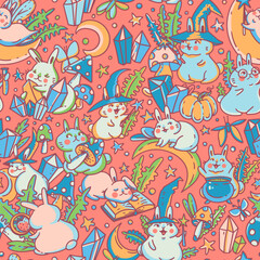Naklejka premium Cute magic bunnies with amanita mushroom vector seamless pattern