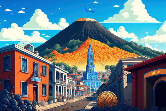 An illustration of Bitcoin City with a volcano in the distance and the Bitcoin sign in the foreground. The facade of the bitcoin city is covered in the EL SALVADOR national flag. Generative AI
