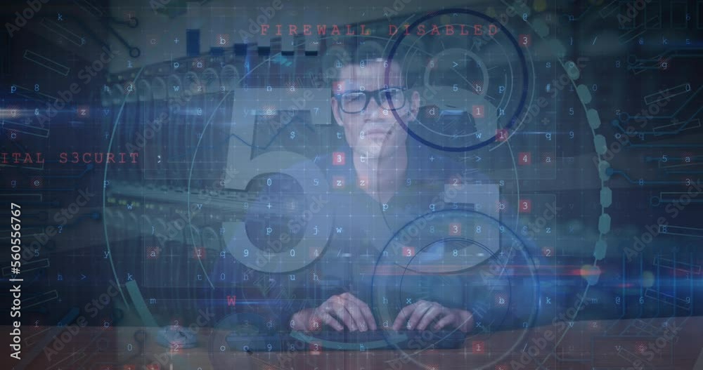Poster animation of scope scanning with 5g text and data processing over caucasian hacker in server room