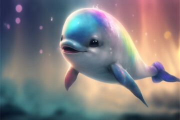 Obraz na płótnie Canvas cute rainbow baby Delphin, smiling, kids pastel color, illustration digital generative ai design art style