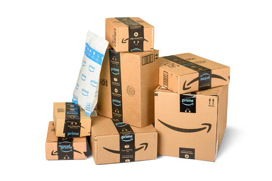 Los Angeles, California 1/11/2023: Amazon Prime packages on white background
