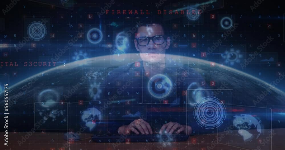 Poster animation of scope scanning and data processing over caucasian hacker and globe