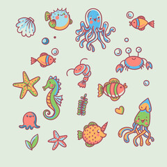 Cute doodle sealife vector greeting card, underwater ocean funny creatures