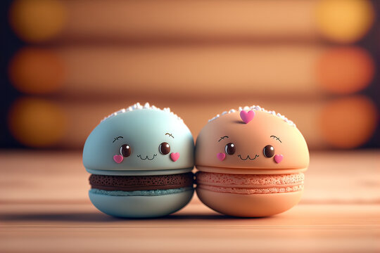 Cute image of the macaroon makaroon characters full of love and happiness. Abstract picture of romantic dinner. Food Character concept Generative AI.