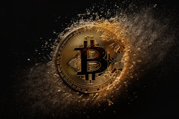 A gold Bitcoin hovers in midair on a dark background. Generative AI