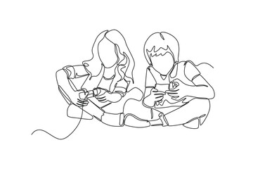 Continuous one line drawing Little boy and girl are sitting in the living room and playing a game console. Hangouts With Friends concept. Single line draw design vector graphic illustration.