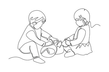 Continuous one line drawing Cute girl and boy playing with toys at home. Hangouts With Friends concept. Single line draw design vector graphic illustration.