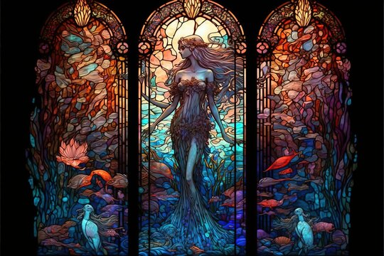4K resolution or higher, Mermaid Stained Glass Cathedral. Generative AI Technology