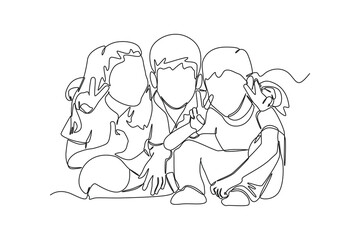 Continuous one line drawing Three little friends embrace. Hangouts With Friends concept. Single line draw design vector graphic illustration.