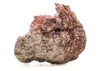 Macro focused vibrant pink amethyst quartz geode crystal, rose hematite amethyst points isolated on...