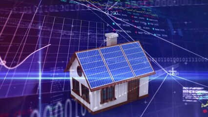 Animation of financial data processing over house with solar panels - Powered by Adobe