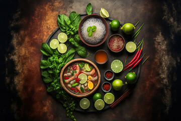 Asian food background with various ingredients on rustic stone background , top view. Vietnam and Thai cuisine. Generative AI