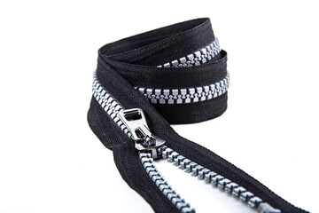 Jacket Winter Coat Black Tape Heavy Duty Zippers Large Molded Plastic Zippers. Close-up of zipper...
