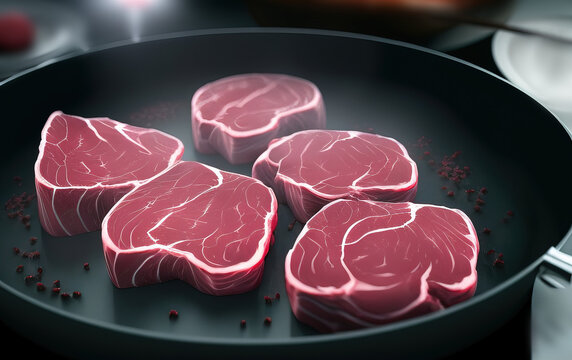 Pieces of raw marbled meat in a frying pan