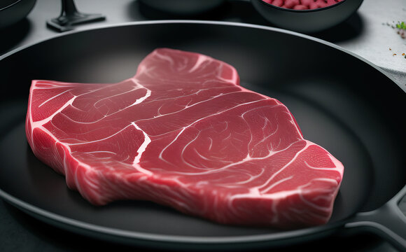 Pieces of raw marbled meat in a frying pan