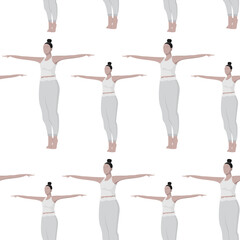 Endless pattern depicting a woman performing a yoga with arms outstretched in different directions