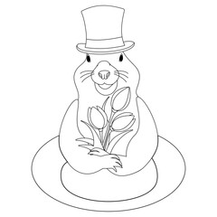 Contour image of groundhog in a hat with flowers bouquet coming out of a hole. Happy Groundhog day.