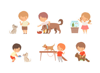 Cute little boys and girls caring of animals set. Kids feeding cat, dog and fish cartoon vector illustration