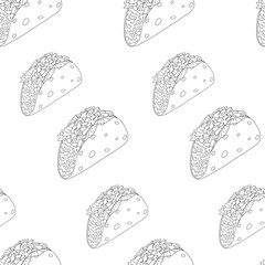 Seamless pattern with Tacos from meat, vegetables pointing in different directions. Mexican cuisine