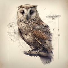 Research of Large owl with black eyes sitting with paper background, Generative AI