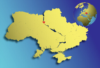 Map of Ukraine with rivers and lakes and Earth globe with Ukraine in red. Hand made. Please look at my other images of cartographic series - they are all very detailed and carefully drawn by hand - 560559942