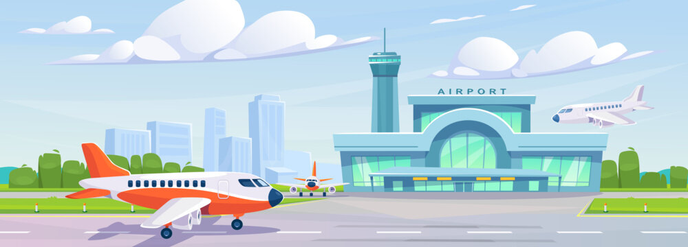 Landscape view of an airport building with a flight tower and a city in the background. An airplane taking off a runway, landing, and parking on an airfield. Cartoon style vector illustration.