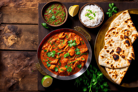 Spicy chicken tikka masala in bowl on rustic wooden background. With rice, indian naan butter bread, spices, herbs. Space for text. Traditional Indian British dish. Top view. Indian food. Copy space