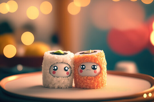 Cute image of the sushi sashimi rolls characters full of love and happiness. Abstract picture of romantic dinner. Food Character concept Generative AI.
