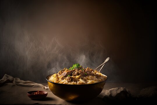 a dish of mutton or lamb biriyani atop a bed of basmati rice, with some gloomy music playing in the background. Generative AI