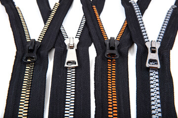 Jacket Winter Coat Black Tape Heavy Duty Zippers Large Molded Plastic Zippers. Close-up of zipper...