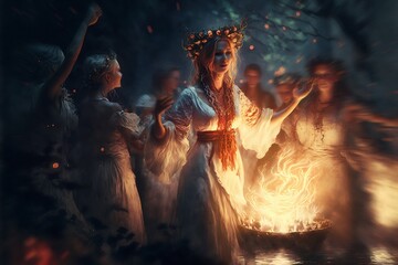 Beautiful Slavic women dance around the campfire during Kupala Night, traditional Slavic holiday that was originally celebrated on the shortest night of the year. Generative AI. Artisitic painting - obrazy, fototapety, plakaty