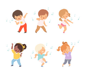 Set of cute boys and girls dancing and happily jumping cartoon vector illustration