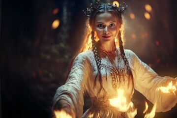 Night portrait of a beautiful Slavic woman posing on the night of Ivan Kupala Slavic holiday. Dressed in a white summer dress and a wreath on her head, with a bonfire in the background. Generative AI.
