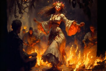  A beautiful slim and tall Slavic beauty dances around a campfire surrounded by the Slavic community on a warm summer night. The festival of Ivan Kupala, a traditional Slavic holiday. Generative AI - obrazy, fototapety, plakaty
