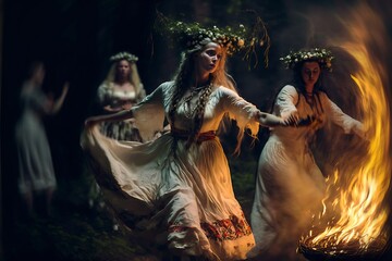 Beautiful Slavic women dance around the campfire during Kupala Night, traditional Slavic holiday that was originally celebrated on the shortest night of the year. Generative AI. Artisitic painting