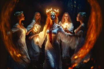 Fototapeta na wymiar Slavic woman surrounded by girls on a summer night. Slavic rituals during a traditional pagan festival associated with the summer solstice of the sun. Generative AI.