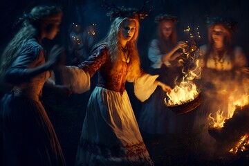 Obraz premium Beautiful Slavic women dance around the campfire during Kupala Night, traditional Slavic holiday that was originally celebrated on the shortest night of the year. Generative AI. Artisitic painting