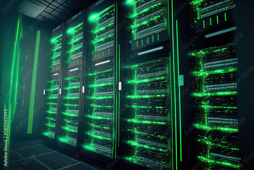 Poster server. server racks in the cloud data center's server room. hardware cluster in a data center. info